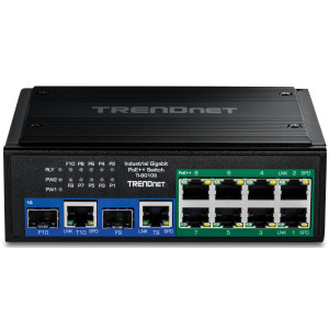 TRENDnet TI-BG108 10-Port Ethernet Switch, 8 Gigabit PoE++ ports, 2 shared Gigabit RJ-45/SFP slots, 20 Gbps switching capacity, DIN-rail/wall mount